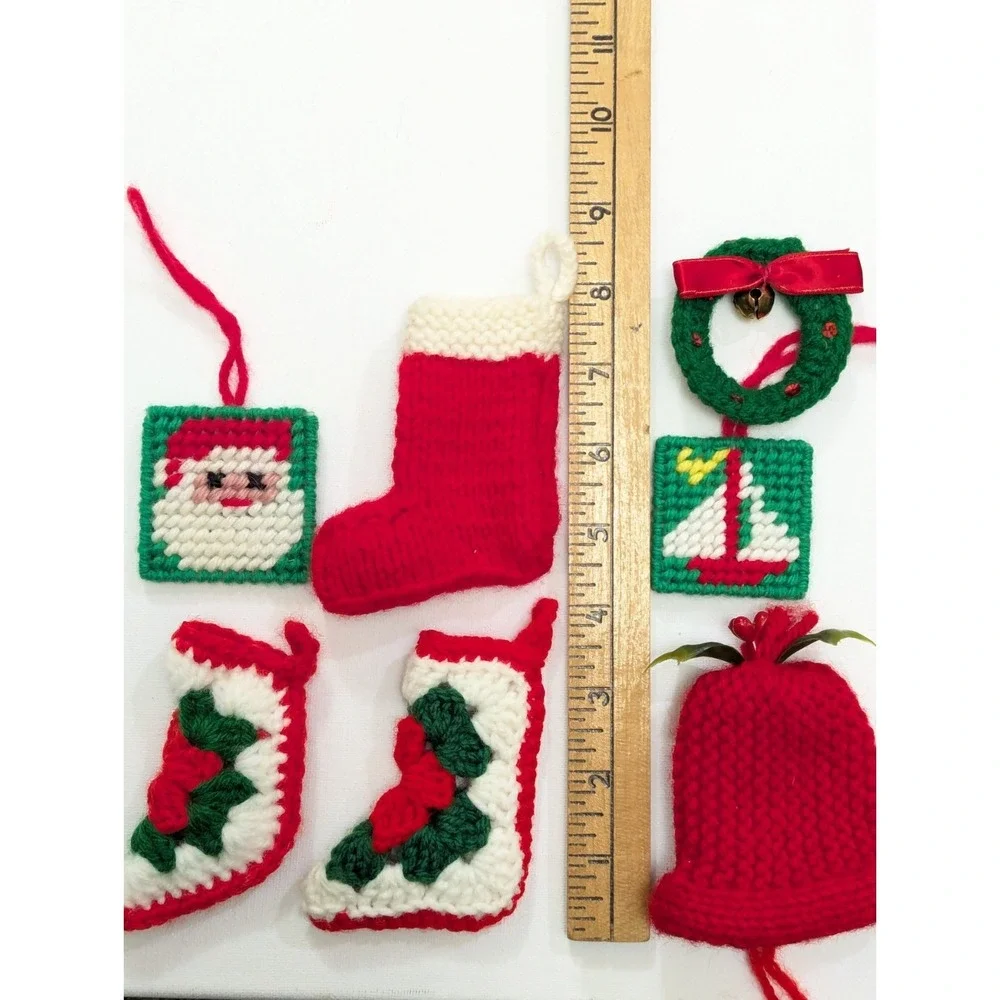 VTG Handmade Christmas Knit Crochet Plastic Canvas Yarn Ornaments Lot Of 7